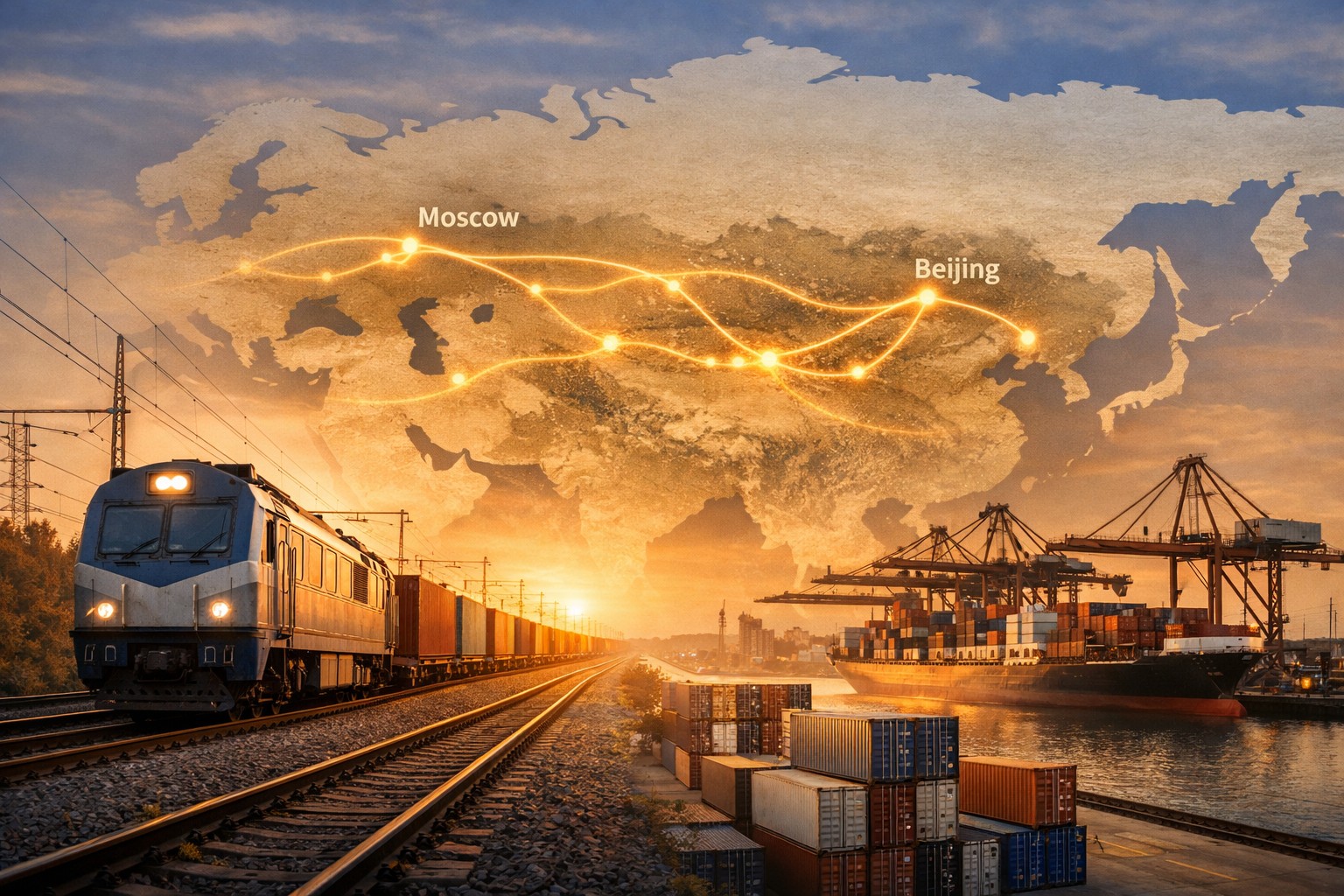 Bannerbild mit Eurasien-Karte, Bahnlogistik oder Handelsroute