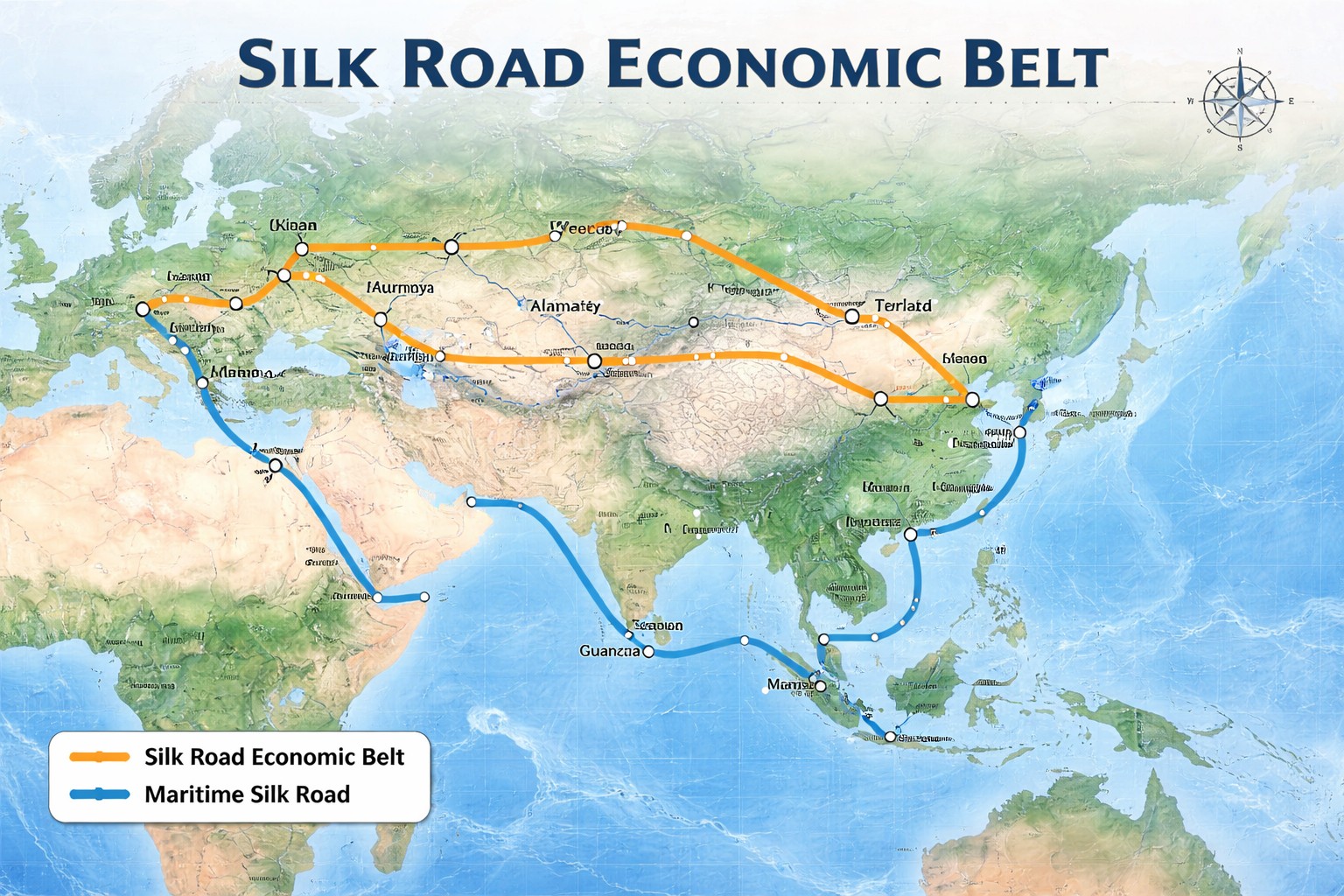 Silk Road Economic Belt map showing Eurasian trade routes